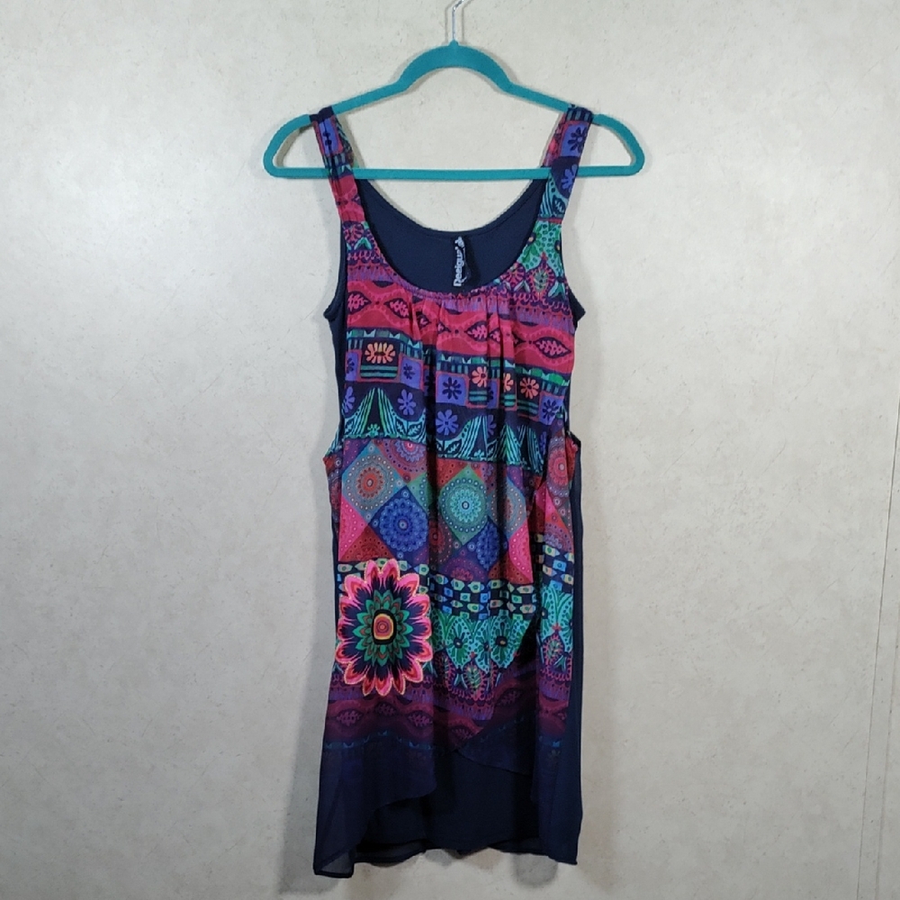 H156 Desigual navy & pink wrap front tank dress 36